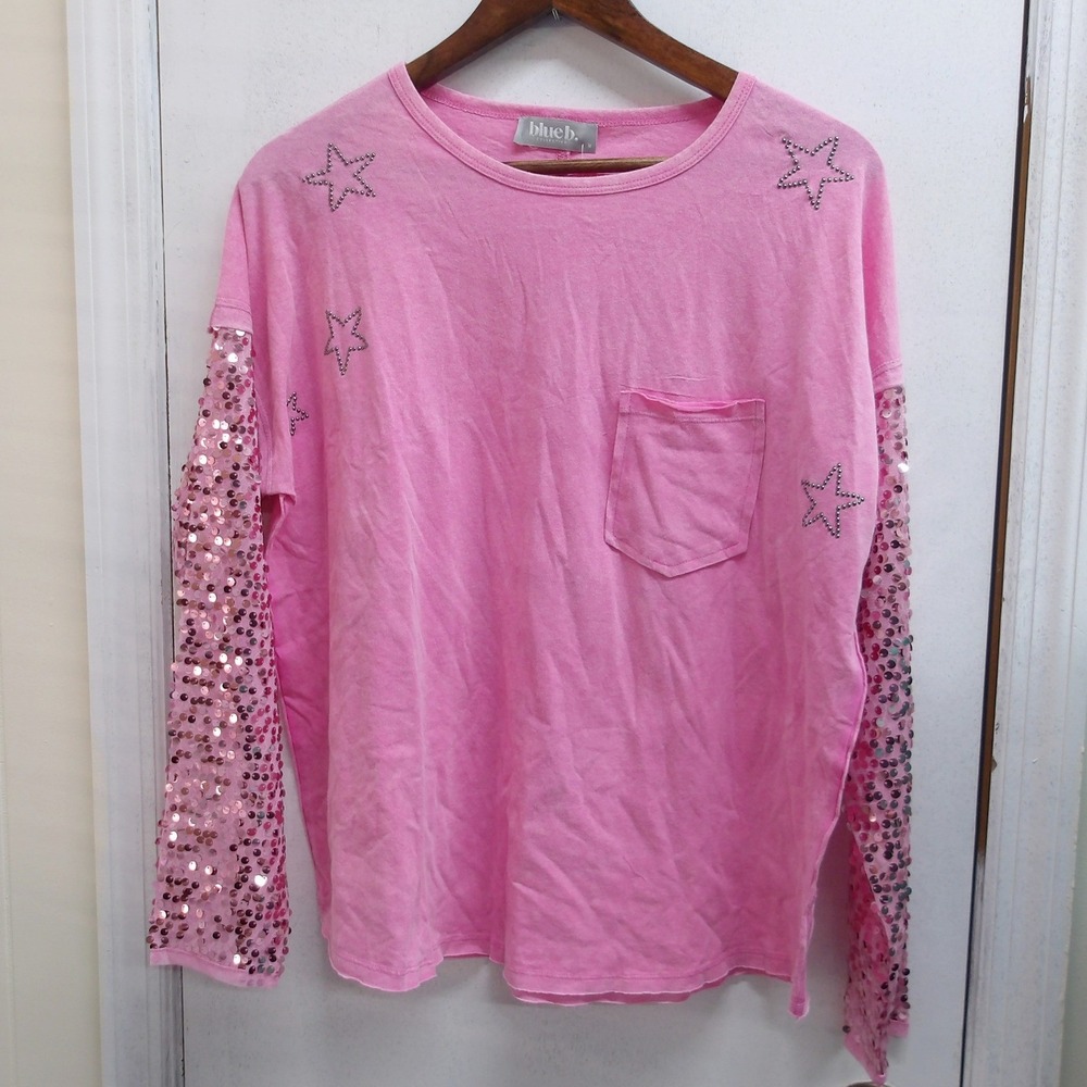 Blue.b Pink Sequin Star Long Sleeve Casual TShirt Top Womens Lg / #26127